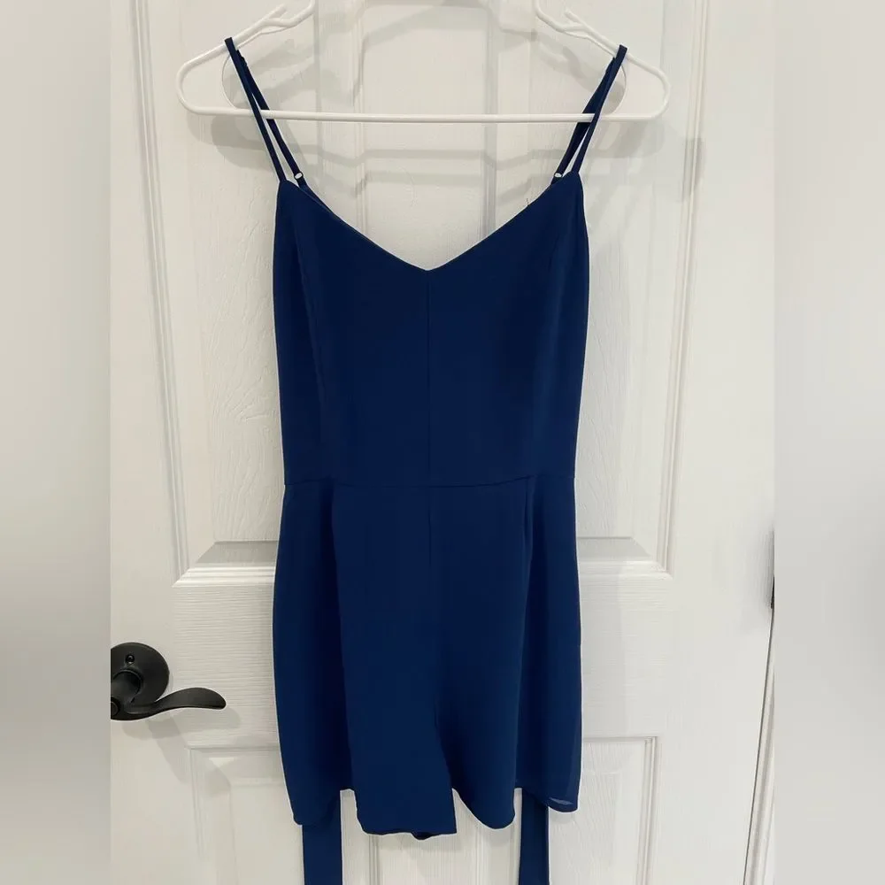 FORA Royal Navy Blue Belted Tie V Neck Romper Women’s Size S